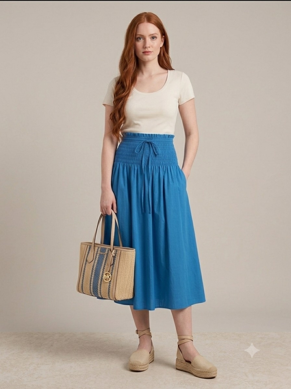 Anthropologie Bright Blue Smocked-Waist Midi Skirt